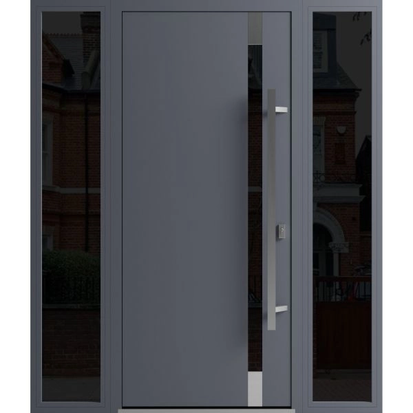 Front Exterior Prehung Steel Door / Ronex 1011 Grey / 2 Sidelight Exterior Windows Sidelites/ Stainless Inserts Entry Metal Modern Painted W12+36+12" x H80" Left hand Inswing