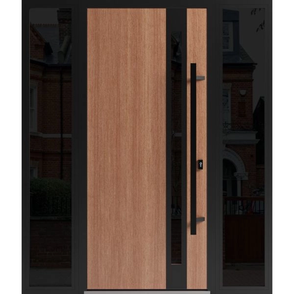 Front Exterior Prehung Steel Door / Ronex 1033 Teak / 2 Sidelight Exterior Windows Sidelites/ Entry Metal Modern Painted W12+36+12" x H80" Left hand Inswing