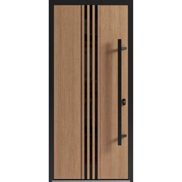 Front Exterior Prehung Steel Door / Ronex 1055 Teak / Entry Metal Modern Painted W36" x H80" Left hand Inswing