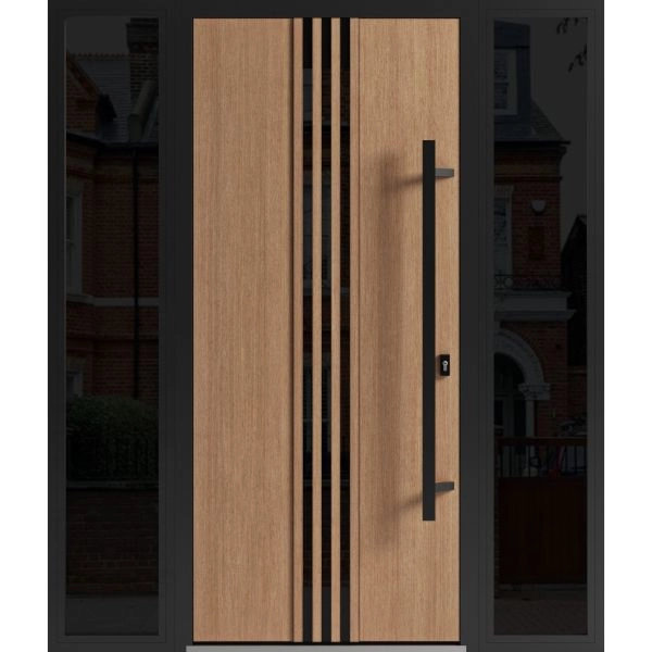 Front Exterior Prehung Steel Door / Ronex 1055 Teak / 2 Sidelight Exterior Windows Sidelites/ Entry Metal Modern Painted W12+36+12" x H80" Left hand Inswing