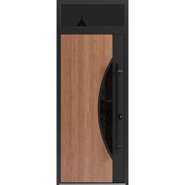 Front Exterior Prehung Steel Door / Ronex 1077 Teak / Transom Window Sidelite / Entry Metal Modern Painted W36" x H80+16" Left hand Inswing