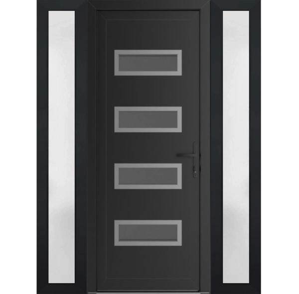 Front Exterior Prehung Metal-Plastic Door | Manux 8113 Matte Black | 2 Side Sidelite Transoms | Office Commercial and Residential Doors Entrance Patio Garage 60" x 80" (W12+36+12" x H80") Left hand Inswing