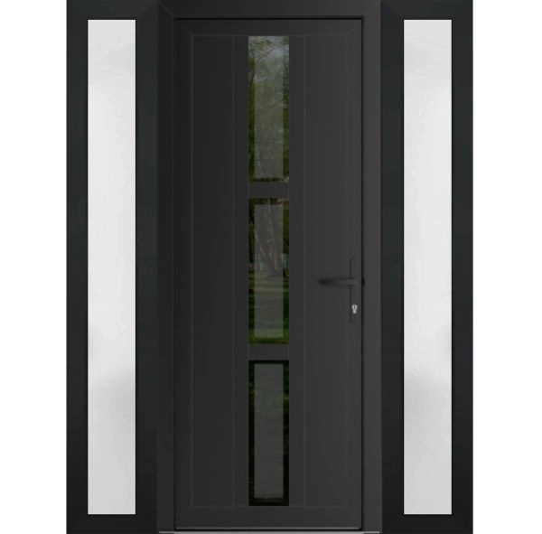 Front Exterior Prehung Metal-Plastic Door | Manux 8112 Matte Black | 2 Side Sidelite Transoms | Office Commercial and Residential Doors Entrance Patio Garage 60" x 80" (W12+36+12" x H80") Left hand Inswing