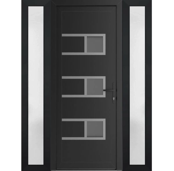 Front Exterior Prehung Metal-Plastic Door | Manux 8933 Matte Black | 2 Side Sidelite Transoms | Office Commercial and Residential Doors Entrance Patio Garage 54" x 80" (W12+30+12" x H80") Left hand Inswing