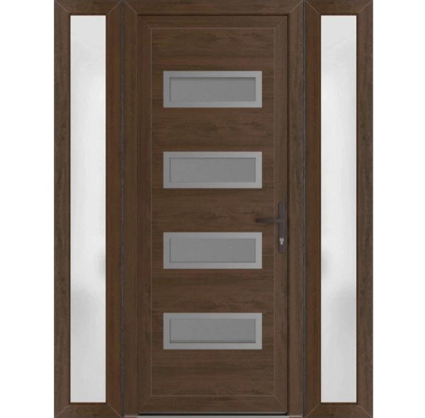 Front Exterior Prehung Metal-Plastic Door | Manux 8113 Walnut | 2 Side Sidelite Transoms | Office Commercial and Residential Doors Entrance Patio Garage 60" x 80" (W12+36+12" x H80") Left hand Inswing