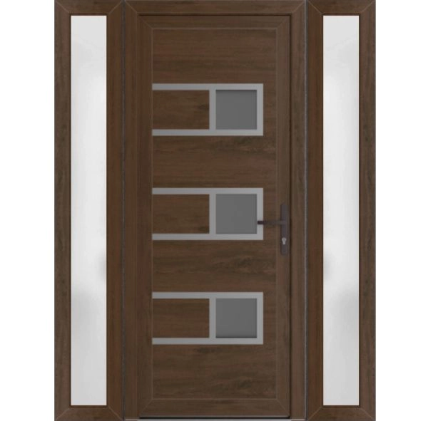 Front Exterior Prehung Metal-Plastic Door | Manux 8933 Walnut | 2 Side Sidelite Transoms | Office Commercial and Residential Doors Entrance Patio Garage 60" x 80" (W12+36+12" x H80") Left hand Inswing
