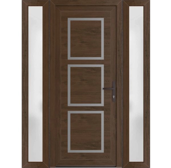 Front Exterior Prehung Metal-Plastic Door | Manux 8661 Walnut | 2 Side Sidelite Transoms | Office Commercial and Residential Doors Entrance Patio Garage 60" x 80" (W12+36+12" x H80") Left hand Inswing