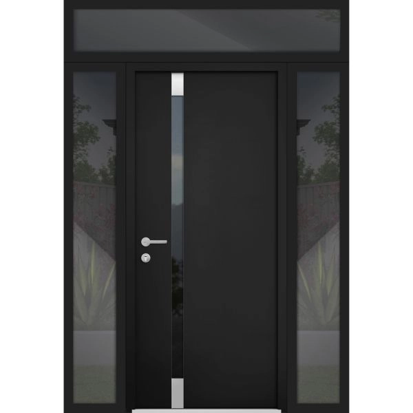 Front Exterior Prehung Steel Door / Cynex 6777 Black / 2 Sidelight and Transom Window / Stainless Inserts Single Modern Painted-W12+36+12" x H80+16"-Right-hand Inswing