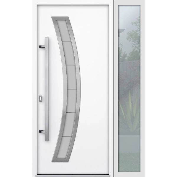 Front Exterior Prehung Steel Door / Deux 6500 White / Sidelight Exterior Window / Stainless Inserts Single Modern Painted-W36+12" x H80"-Right-hand Inswing