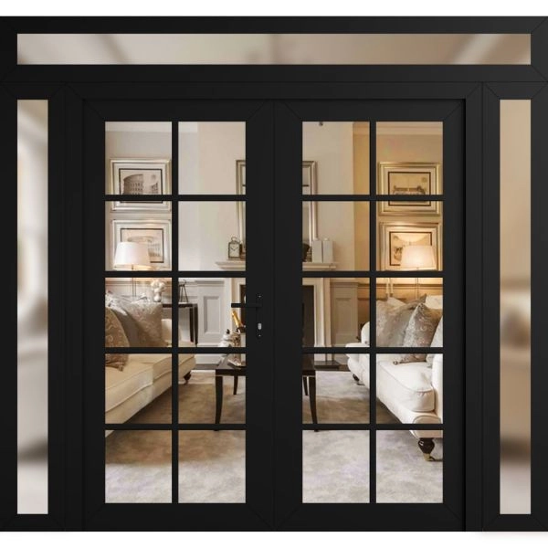 Front Exterior Prehung Metal-Plastic Double Doors Clear Glass / MANUX 8100 Matte Black / Office Commercial and Residential Doors Entrance Patio Garage 104" x 104" Left-Hand Inswing