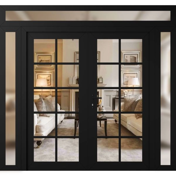 Front Exterior Prehung Metal-Plastic Double Doors Clear Glass / MANUX 8100 Matte Black / Office Commercial and Residential Doors Entrance Patio Garage 100" x 94" Right-Hand Inswing