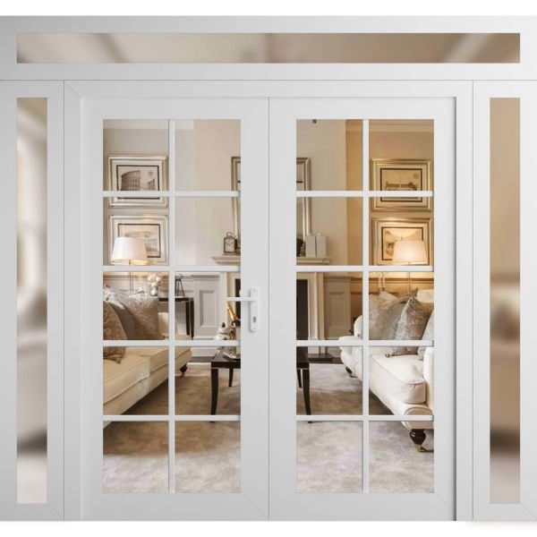Front Exterior Prehung Metal-Plastic Double Doors Clear Glass / MANUX 8100 White Silk / Office Commercial and Residential Doors Entrance Patio Garage 104" x 104" Left-Hand Inswing