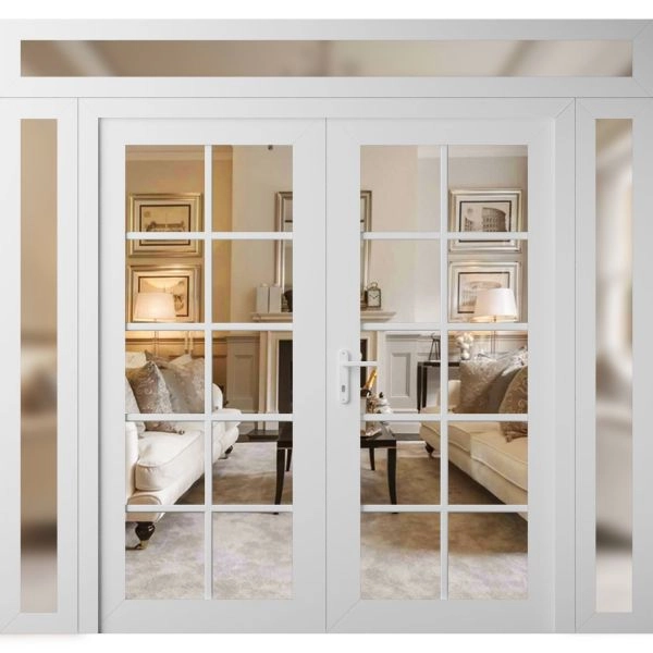 Front Exterior Prehung Metal-Plastic Double Doors Clear Glass / MANUX 8100 White Silk / Office Commercial and Residential Doors Entrance Patio Garage 100" x 94" Right-Hand Inswing