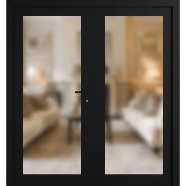 Front Exterior Prehung Metal-Plastic Double Doors Frosted Glass / MANUX 8102 Matte Black / Office Commercial and Residential Doors Entrance Patio Garage 72" x 80" Left-Hand Inswing