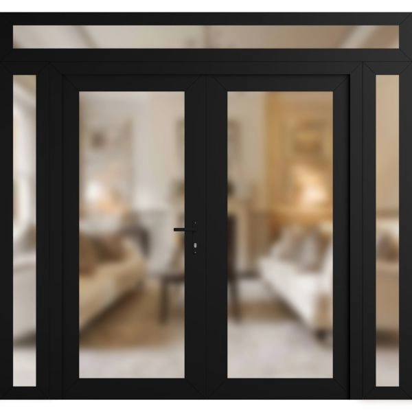 Front Exterior Prehung Metal-Plastic Double Doors Frosted Glass / MANUX 8102 Matte Black / Office Commercial and Residential Doors Entrance Patio Garage 104" x 104" Left-Hand Inswing