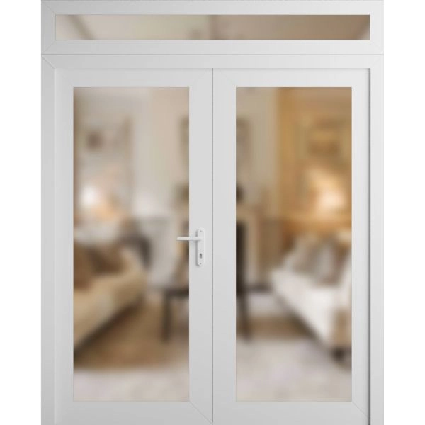 Front Exterior Prehung Metal-Plastic Double Doors Frosted Glass / MANUX 8102 White Silk / Office Commercial and Residential Doors Entrance Patio Garage 72" x 80" Left-Hand Inswing