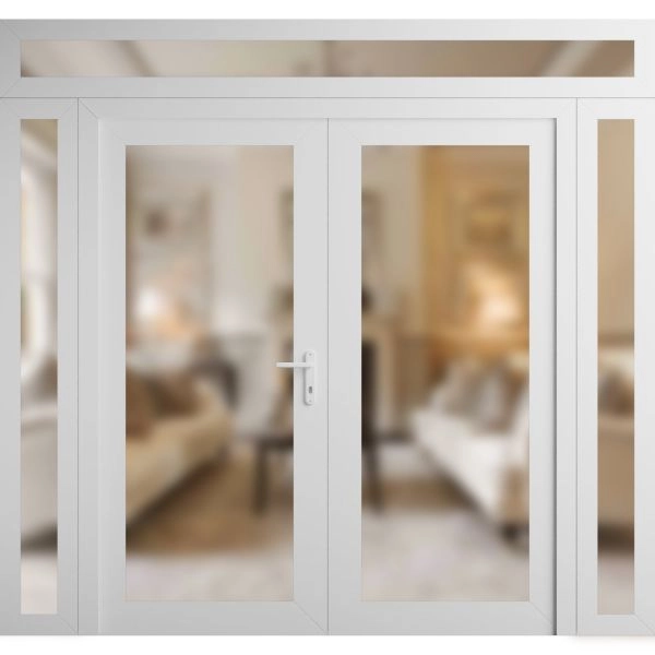 Front Exterior Prehung Metal-Plastic Double Doors Frosted Glass / MANUX 8102 White Silk / Office Commercial and Residential Doors Entrance Patio Garage 104" x 104" Left-Hand Inswing