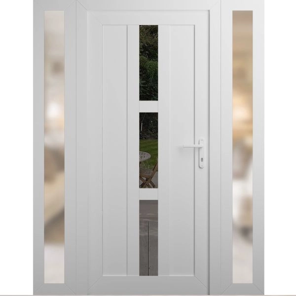 Front Exterior Prehung Metal-Plastic Door | Manux 8112 White Silk | 2 Side Sidelite Transoms | Office Commercial and Residential Doors Entrance Patio Garage 60" x 80" (W12+36+12" x H80") Left hand Inswing