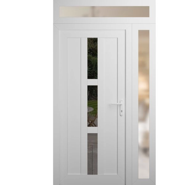 Front Exterior Prehung Metal-Plastic Door | Manux 8112 White Silk | Side and Top Sidelite Transom | Office Commercial and Residential Doors Entrance Patio Garage 48" x 94" (W36+12" x H80+14") Left hand Inswing