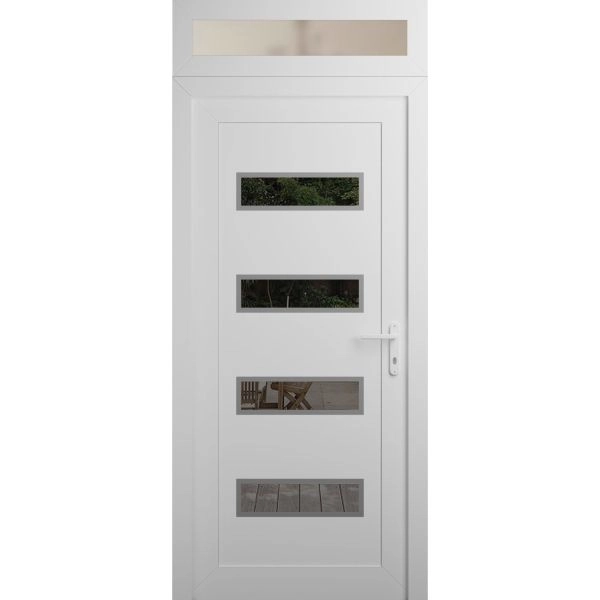 Front Exterior Prehung Metal-Plastic Door | Manux 8113 White Silk | Top Sidelite Transom | Office Commercial and Residential Doors Entrance Patio Garage 32" x 94" (W32" x H80+14") Left hand Inswing