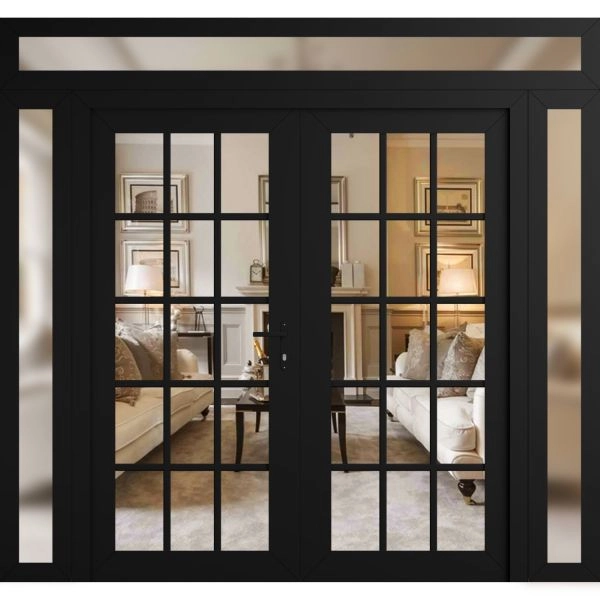 Front Exterior Prehung Metal-Plastic Double Doors Clear Glass / MANUX 8151 Matte Black / Office Commercial and Residential Doors Entrance Patio Garage 104" x 104" Left-Hand Inswing