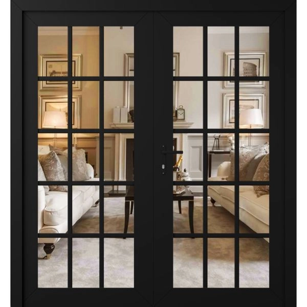 Front Exterior Prehung Metal-Plastic Double Doors Clear Glass / MANUX 8151 Matte Black / Office Commercial and Residential Doors Entrance Patio Garage 72" x 80" Right-Hand Inswing
