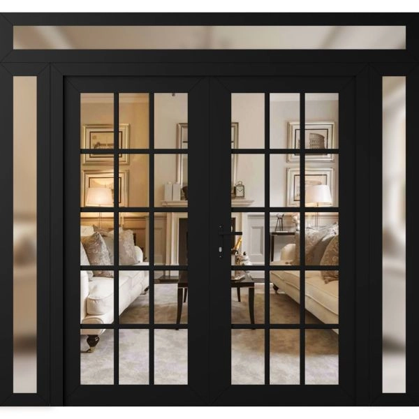 Front Exterior Prehung Metal-Plastic Double Doors Clear Glass / MANUX 8151 Matte Black / Office Commercial and Residential Doors Entrance Patio Garage 100" x 94" Right-Hand Inswing