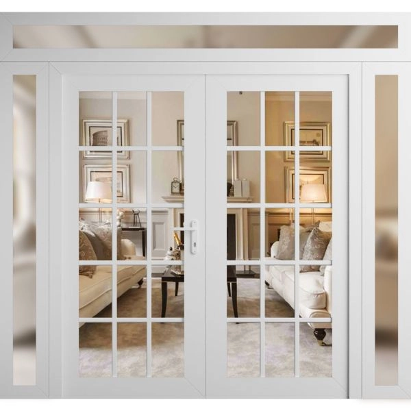 Front Exterior Prehung Metal-Plastic Double Doors Clear Glass / MANUX 8151 White Silk / Office Commercial and Residential Doors Entrance Patio Garage 104" x 104" Left-Hand Inswing