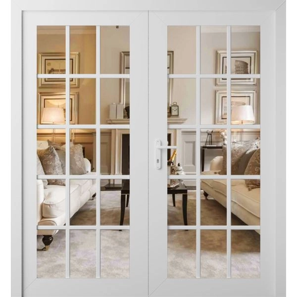 Front Exterior Prehung Metal-Plastic Double Doors Clear Glass / MANUX 8151 White Silk / Office Commercial and Residential Doors Entrance Patio Garage 72" x 80" Right-Hand Inswing
