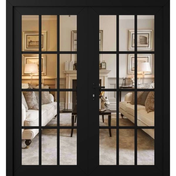 Front Exterior Prehung Metal-Plastic Double Doors Clear Glass / MANUX 8355 Matte Black / Office Commercial and Residential Doors Entrance Patio Garage 72" x 80" Right-Hand Inswing