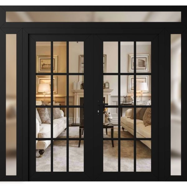 Front Exterior Prehung Metal-Plastic Double Doors Clear Glass / MANUX 8355 Matte Black / Office Commercial and Residential Doors Entrance Patio Garage 100" x 94" Right-Hand Inswing