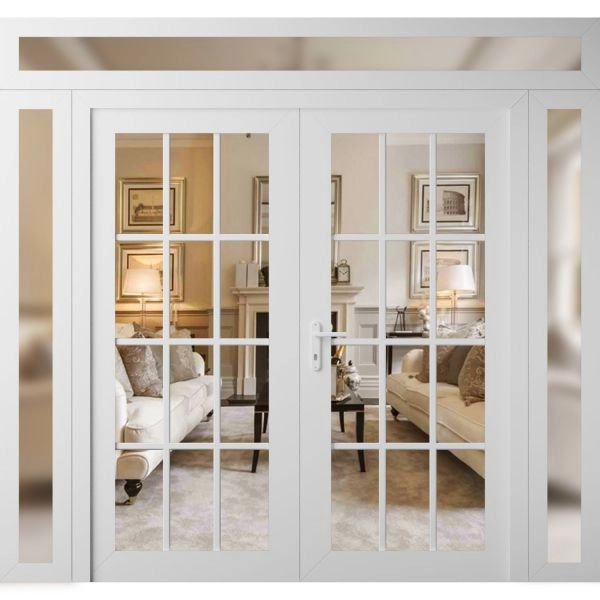 Front Exterior Prehung Metal-Plastic Double Doors Clear Glass / MANUX 8355 White Silk / Office Commercial and Residential Doors Entrance Patio Garage 100" x 94" Right-Hand Inswing