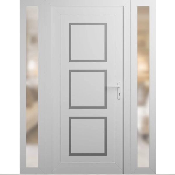 Front Exterior Prehung Metal-Plastic Door | Manux 8661 White Silk | 2 Side Sidelite Transoms | Office Commercial and Residential Doors Entrance Patio Garage 60" x 80" (W12+36+12" x H80") Left hand Inswing