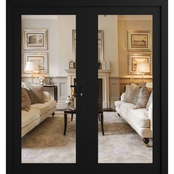 Front Exterior Prehung Metal-Plastic Double Doors Clear Glass / MANUX 8666 Matte Black / Office Commercial and Residential Doors Entrance Patio Garage 72" x 80" Left-Hand Inswing