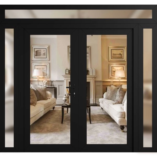 Front Exterior Prehung Metal-Plastic Double Doors Clear Glass / MANUX 8666 Matte Black / Office Commercial and Residential Doors Entrance Patio Garage 104" x 104" Left-Hand Inswing