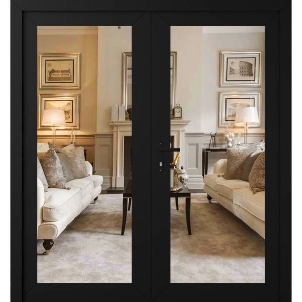 Front Exterior Prehung Metal-Plastic Double Doors Clear Glass / MANUX 8666 Matte Black / Office Commercial and Residential Doors Entrance Patio Garage 72" x 80" Right-Hand Inswing