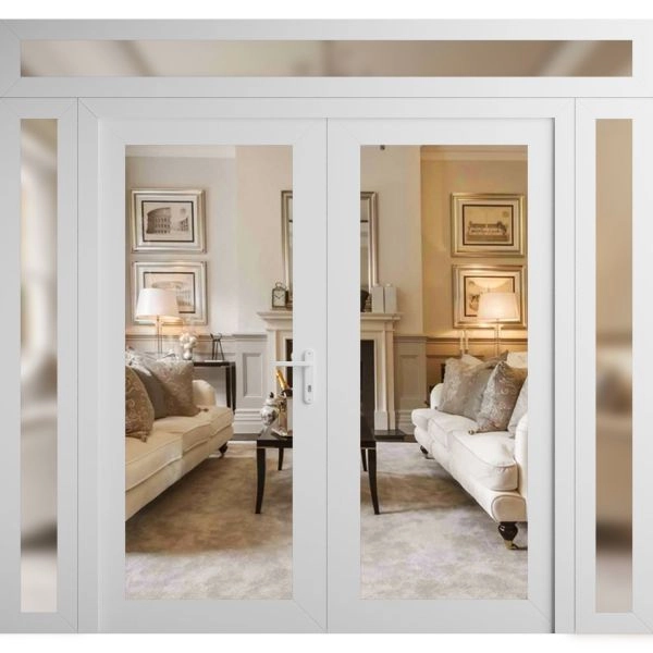 Front Exterior Prehung Metal-Plastic Double Doors Clear Glass / MANUX 8666 White Silk / Office Commercial and Residential Doors Entrance Patio Garage 104" x 104" Left-Hand Inswing