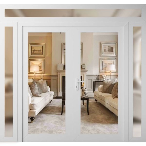 Front Exterior Prehung Metal-Plastic Double Doors Clear Glass / MANUX 8666 White Silk / Office Commercial and Residential Doors Entrance Patio Garage 100" x 94" Right-Hand Inswing