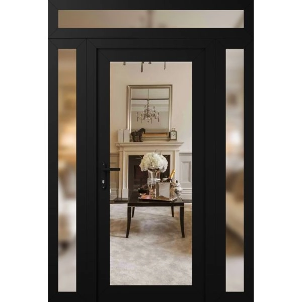 Front Exterior Prehung Metal-Plastic Door Clear Glass / MANUX 8666 Matte Black / Office Commercial and Residential Doors Entrance Patio Garage 62 x 96 (16+30+16" x 80+16")Right-hand Inswing