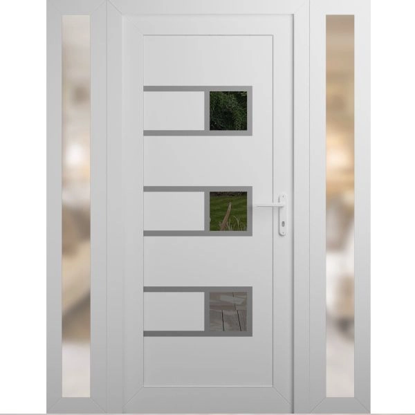 Front Exterior Prehung Metal-Plastic Door | Manux 8933 White Silk | 2 Side Sidelite Transoms | Office Commercial and Residential Doors Entrance Patio Garage 54" x 80" (W12+30+12" x H80") Left hand Inswing