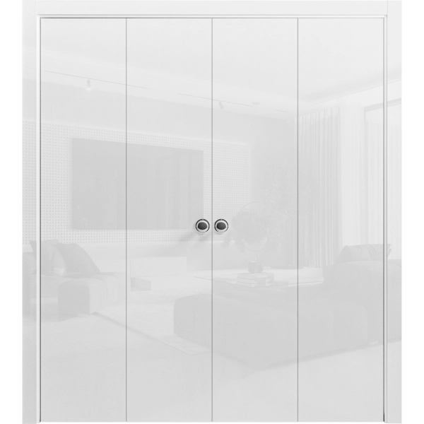 Sliding Closet Double Bi-fold Doors 72 x 80 inches | Planum 0010 Gloss White | Tracks Trims Hardware Set | Wood Solid Bedroom Wardrobe Doors