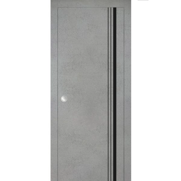 Sliding French Pocket Door with | Planum 0011 Concrete and Aluminum Strips | Kit Trims Rail Hardware | Solid Wood Interior Bedroom Sturdy Doors