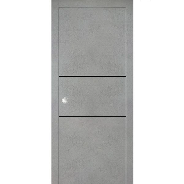 Sliding French Pocket Door with | Planum 0014 Concrete and Aluminum Strips | Kit Trims Rail Hardware | Solid Wood Interior Bedroom Sturdy Doors