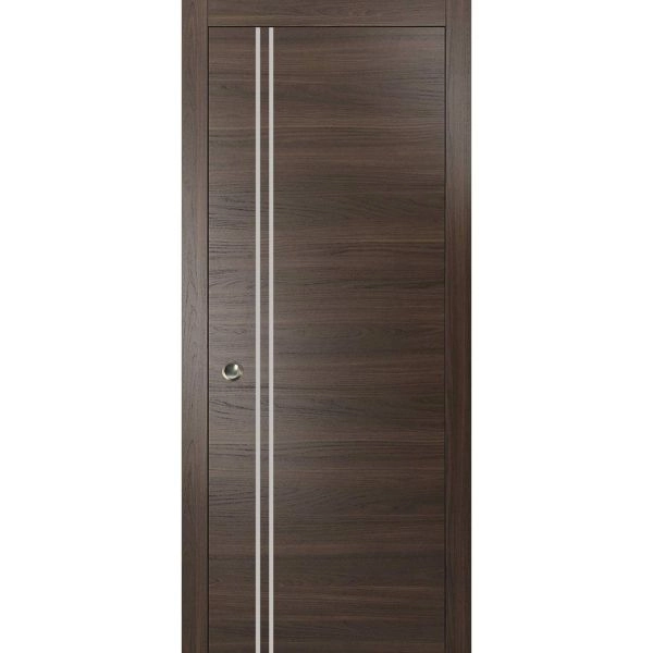 Sliding French Pocket Door with | Planum 0310 Chocolate Ash and Aluminum Strips | Kit Trims Rail Hardware | Solid Wood Interior Bedroom Sturdy Doors