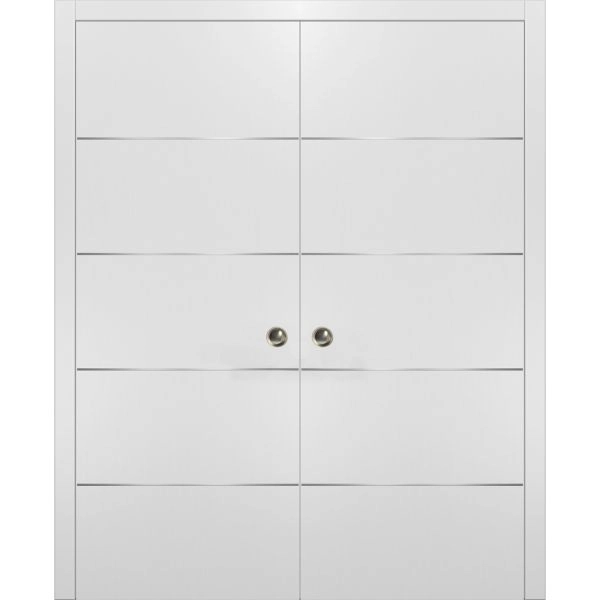 Modern Double Pocket Doors | Planum 0020 White Silk | Kit Trims Rail Hardware | Solid Wood Interior Bedroom Sliding Closet Sturdy Door