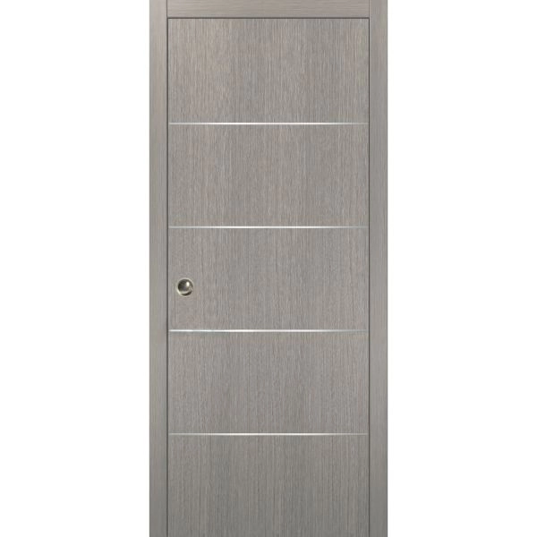 Modern Pocket Door | Planum 0020 Grey Oak | Kit Trims Rail Hardware | Solid Wood Interior Bedroom Sliding Closet Sturdy Doors