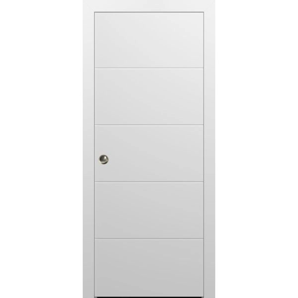 Sliding French Pocket Door with | Planum 0770 Painted White Matte | Kit Trims Rail Hardware | Solid Wood Interior Bedroom Sturdy Doors