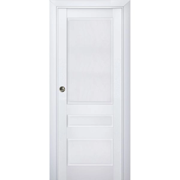 Sliding French Pocket Door | Veregio 7411 White Silk | Kit Trims Rail Hardware | Solid Wood Interior Bedroom Sturdy Doors