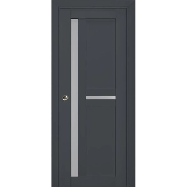 Sliding French Pocket Door | Veregio 7288 Antracite with Frosted Glass | Kit Trims Rail Hardware | Solid Wood Interior Bedroom Sturdy Doors
