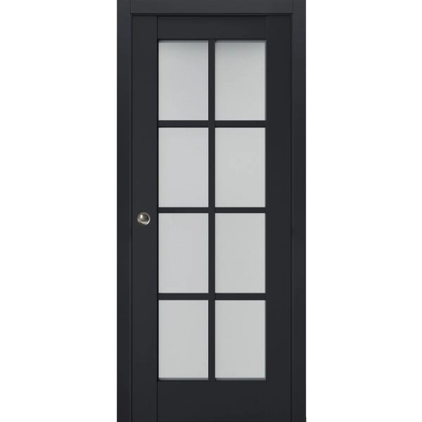 Sliding French Pocket Door | Veregio 7412 Antracite with Frosted Glass | Kit Trims Rail Hardware | Solid Wood Interior Bedroom Sturdy Doors